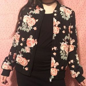 FOREVER 21 Pink Rose Floral Bomber Jacket Coat